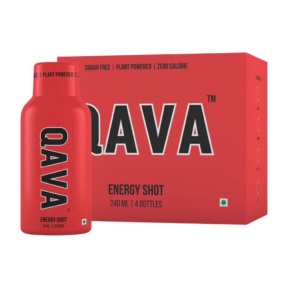 QAVA Energy Shot | Plant Powered | Panax Ginseng | Gingko Biloba | 60ML (Pack of 4) | No Added Sugar | Zero Calorie