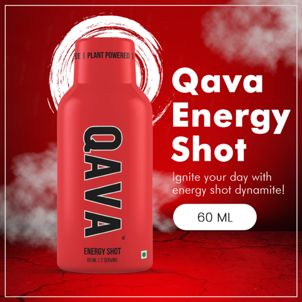 QAVA Energy Shot | Plant Powered | Panax Ginseng | Gingko Biloba | 60ML (Pack of 4) | No Added Sugar | Zero Calorie